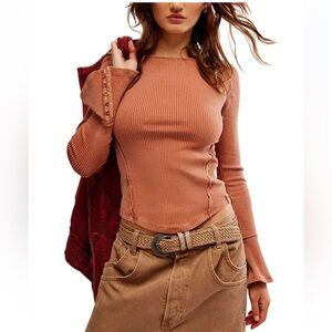 FREE PEOPLE Women's Soul Sister Ribbed Bell-Sleeve Top, SIZE‎ XSMALL
